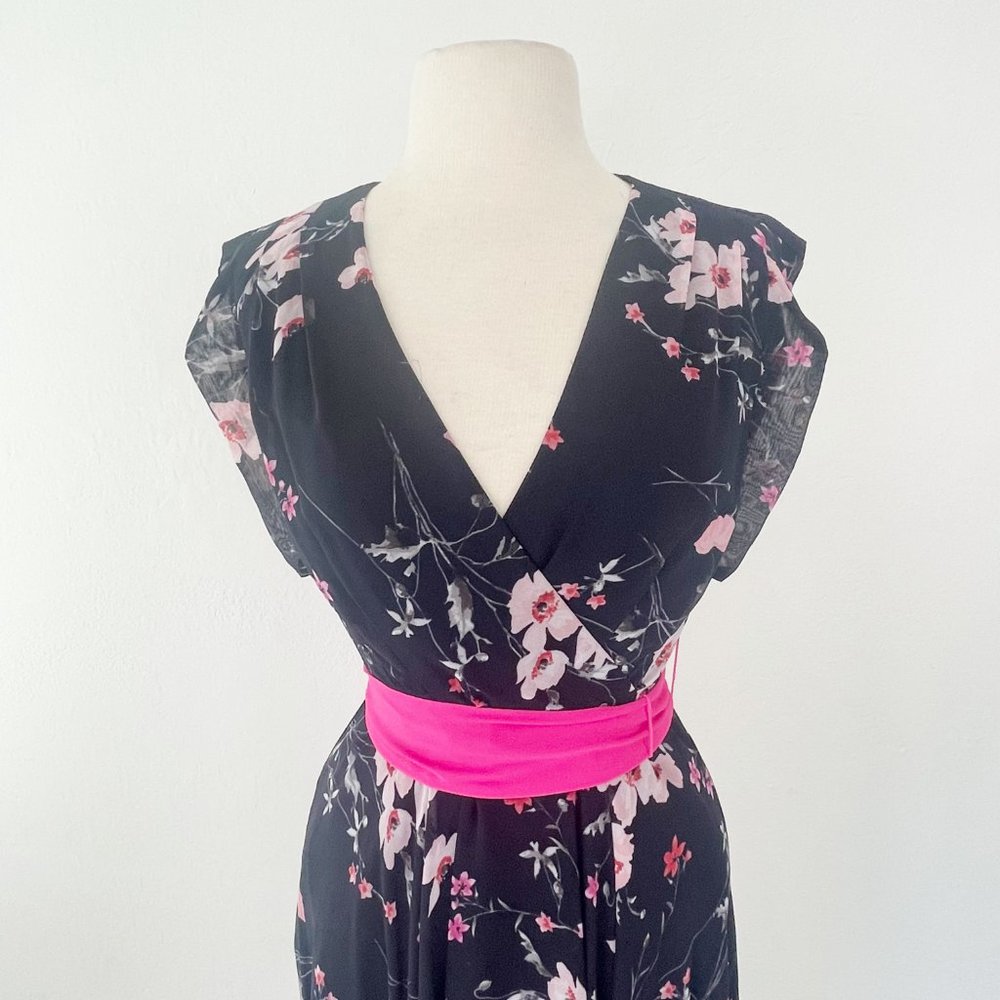 Eliza J Hi-Low Faux Wrap Belted Floral Navy Pink Maxi Dress | 2 - Picture 4 of 13